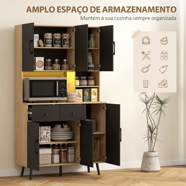 Armário de Cozinha Alto com Luzes LED RGB com 6 Portas 2 Gavetas Bancada 100x40x176 cm Preto e Madeira