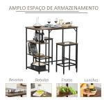 Conjunto de mesa de bar e 2 bancos com apoio para os pés e prateleiras de 3 níveis 109x60x100 cm marrom rústico