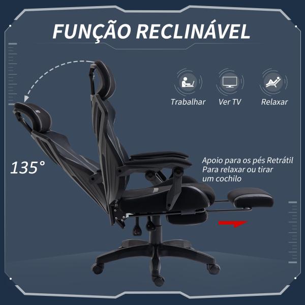 Cadeira de Gaming com Apoio para os Pés Retrátil Cadeira de Escritório Reclinável com Apoio para a Cabeça e Altura Ajustável 65x65x119 - 129cm Preto