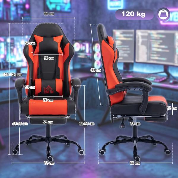 Cadeira Gamer com Massagem Lombar Vibratória Reclinável 155° Altura Ajustável Apoio de Cabeça e Apoio para os Pés Retrátil Vermelho
