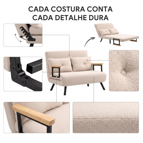 Sofá Cama Convertível 2 Lugares Dobrável com Encosto Ajustável em 5 Níveis e 2 Almofadas 102x73x81 cm Bege Creme