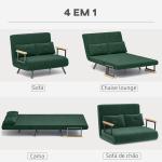 Sofá Cama Sofá Convertível em Cama de 2 Lugares Dobrável com Encosto Ajustável em 5 Níveis e 2 Almofadas 102x73x81 cm Verde