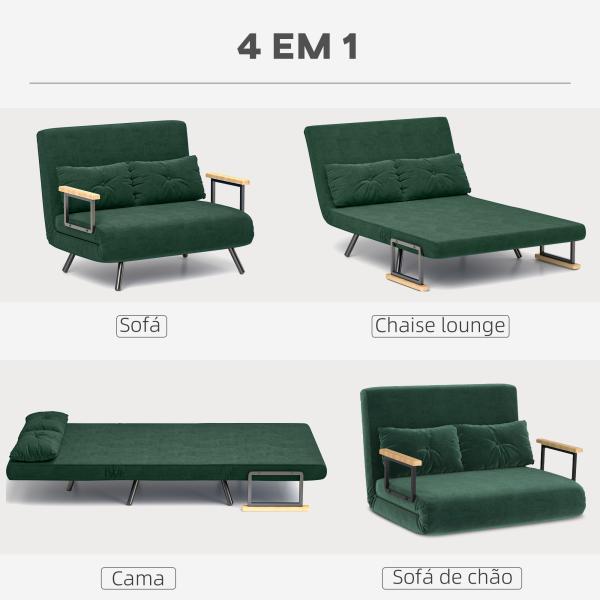 Sofá Cama Sofá Convertível em Cama de 2 Lugares Dobrável com Encosto Ajustável em 5 Níveis e 2 Almofadas 102x73x81 cm Verde