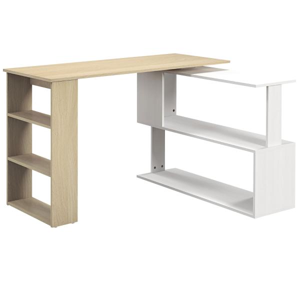 Mesa de Computador Secretária Mesa de Canto Giratória 360° com 5 Prateleiras 120x110x74,5 cm Madeira e Branco