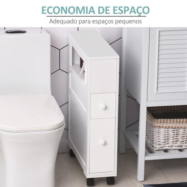 Armário Casa de Banho para Espaços Reduzidos com 4 Rodas Prateleira Aberta e Gavetas 16x52x71,5 cm Branco
