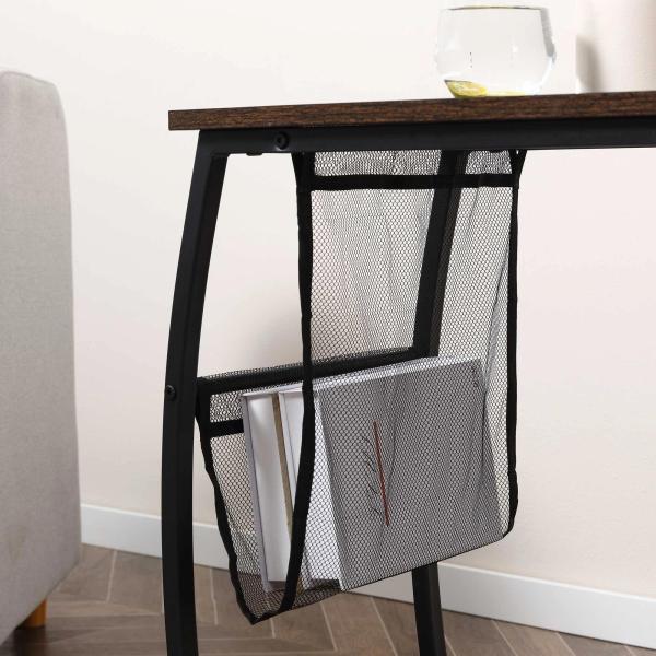 Mesa Auxiliar para Sofá e Cama em Forma de C com Bolso de Armazenamento Mesa Lateral de Estilo Industrial 52x35x64,5cm Marrom Rústico