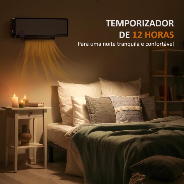 Aquecedor Cerâmico de Parede 1000W/2000W com Controle Remoto Tela LED Temporizador de 12h Termostato 56x18,5x11,7 cm Preto