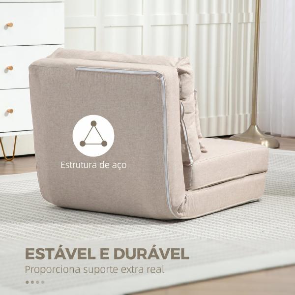 Sofá - Cama Individual Dobrável Estofado em Linho com Encosto Ajustável 5 Posições e 1 Almofada Bege