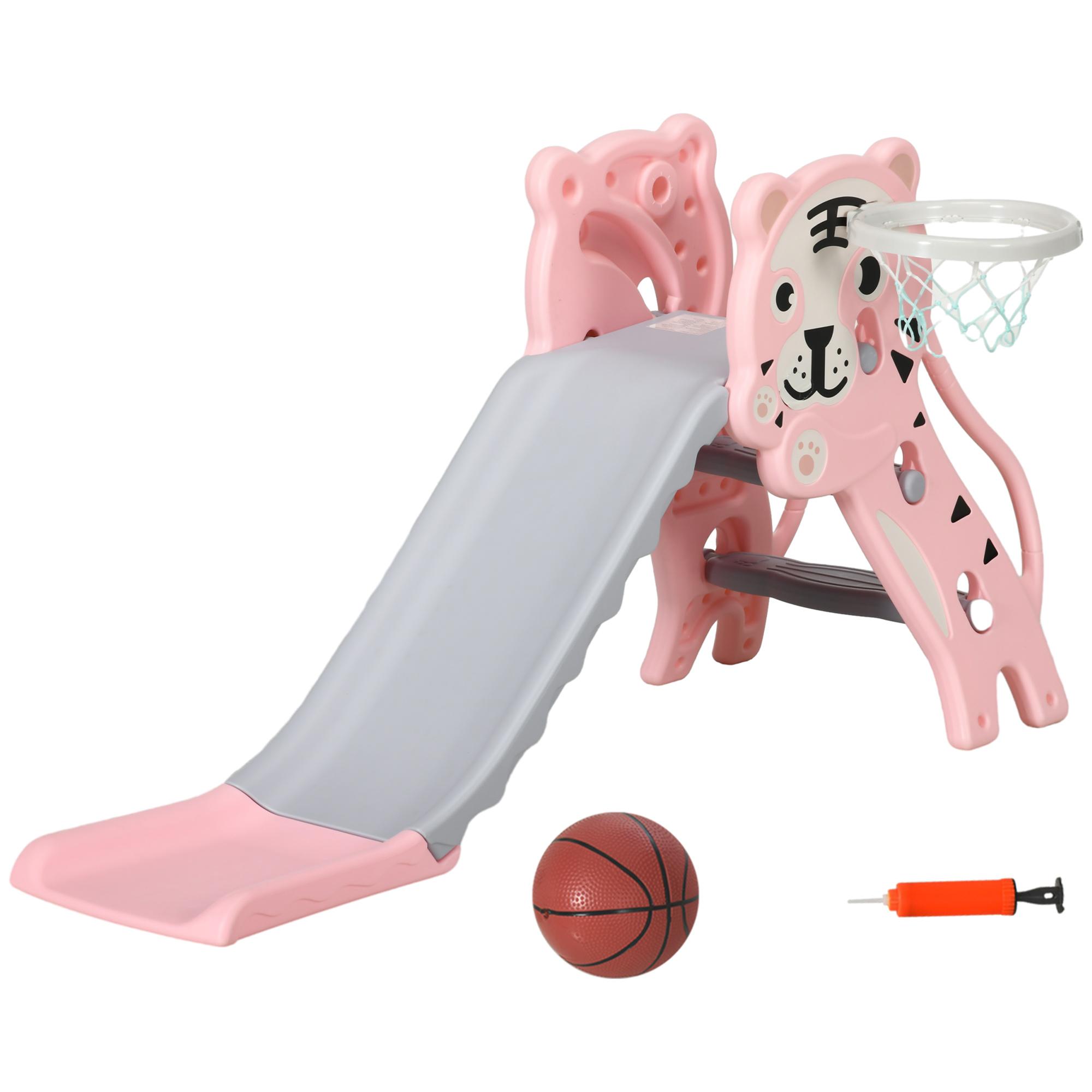Escorrega para Crianças 2 em 1 com 2 Degraus Cesta de Basquetebol e Desenho de Tigre para Interior 133x60x70 cm Rosa