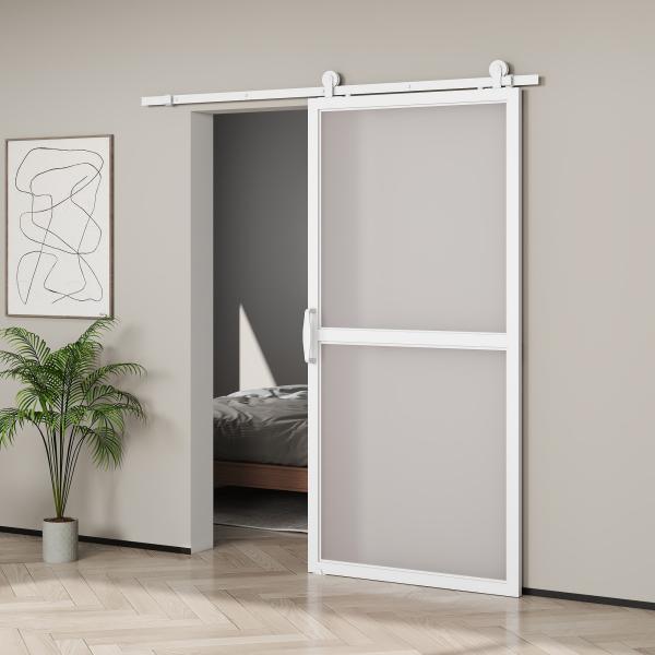 Ferragem para Porta de Correr Kit de Acessórios para Porta Corredeira com 2 Trilhos de Aço de Carbono 200x40x0,6 cm Branco