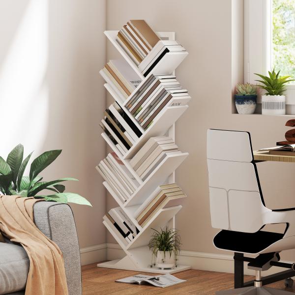 Estante em Forma de Árvore de 9 Níveis Estante de Livros com 9 Prateleiras e Estrutura de Aço 50x24x136 cm Branco