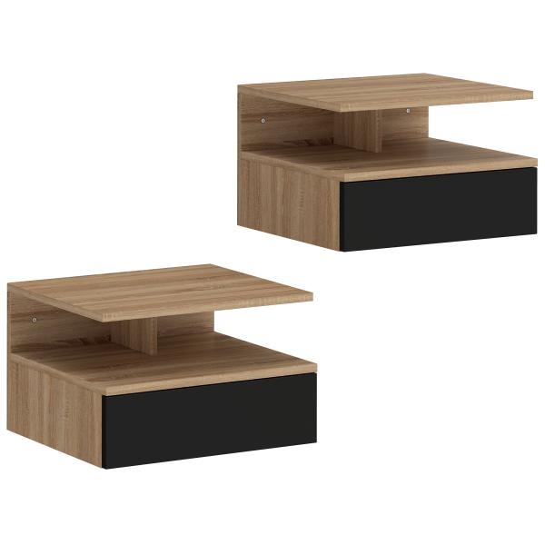 Conjunto de 2 Mesas de Cabeceira Suspensas com Gaveta Montadas na Parede 35x32x22,5 cm Carvalho e Preto