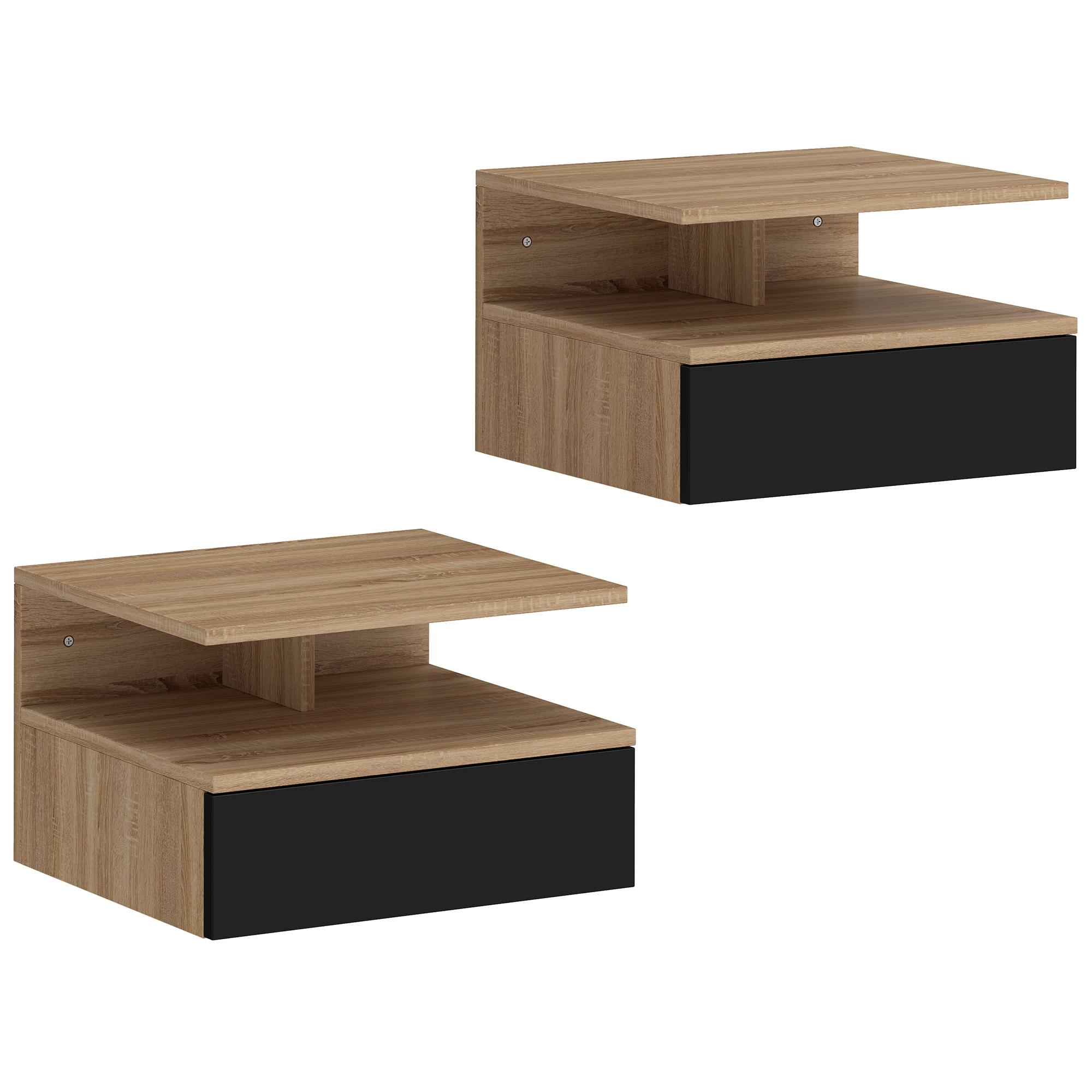 Conjunto de 2 Mesas de Cabeceira Suspensas com Gaveta Montadas na Parede 35x32x22,5 cm Carvalho e Preto