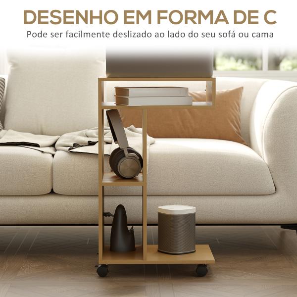Mesa Auxiliar em Forma de C Mesa Auxiliar para Sofá com Rodas Compartimentos Abertos 40x30x69 cm Madeira
