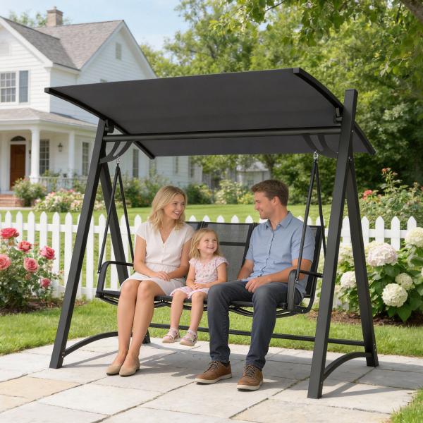 Baloiço de Jardim de 3 Lugares com Teto Ajustável UPF50+ Assento Transpirável e Estrutura em Metal 188x130x183 cm Cinza