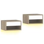 Conjunto de 2 Mesas de Cabeceira Flutuantes com Luzes LED RGB Controlo por APP e Prateleira Aberta 37x32x21 cm Madeira e Branco