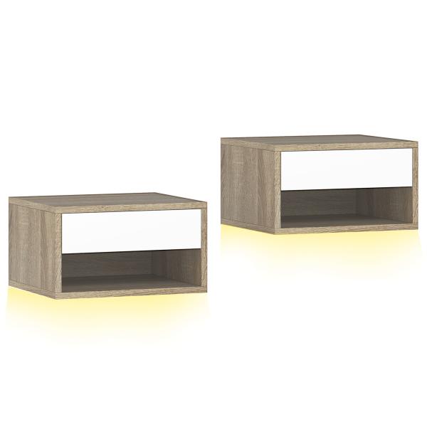 Conjunto de 2 Mesas de Cabeceira Flutuantes com Luzes LED RGB Controlo por APP e Prateleira Aberta 37x32x21 cm Madeira e Branco