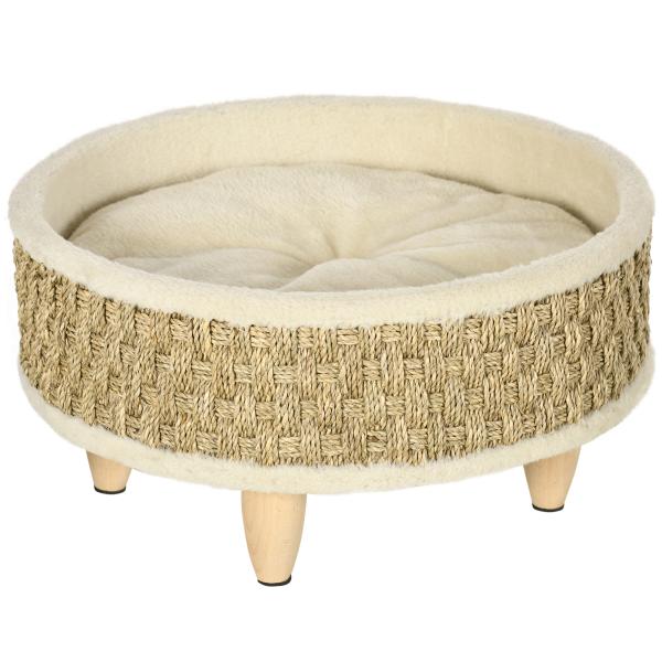 Cama Elevada para Gatos Cama para Cães Miniatura com Almofada Lavável Corda de Seagrass Estrutura de Madeira Ø48x24,5 cm Bege