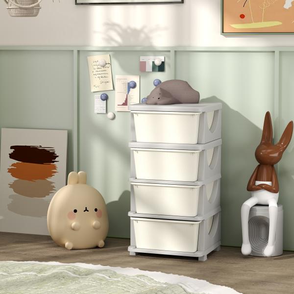 Organizador de Brinquedos com 4 Gavetas Torre de Arrumação para Crianças +3 Anos Cantos Arredondados e Pegas 37x37x76 cm Creme