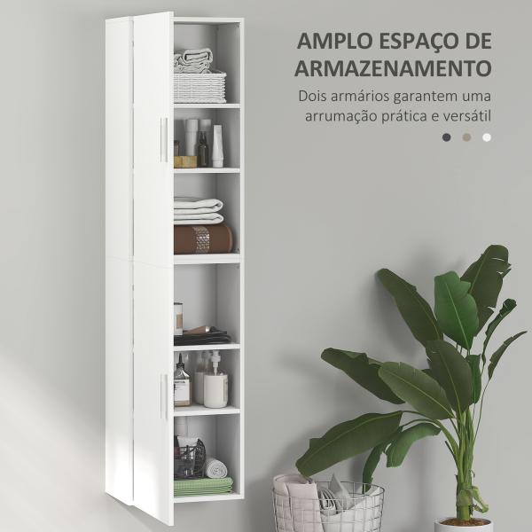 Coluna Casa de Banho de Parede Armário Alto Casa de Banho com Prateleiras Ajustáveis e 2 Portas 40x30x160 cm Branco