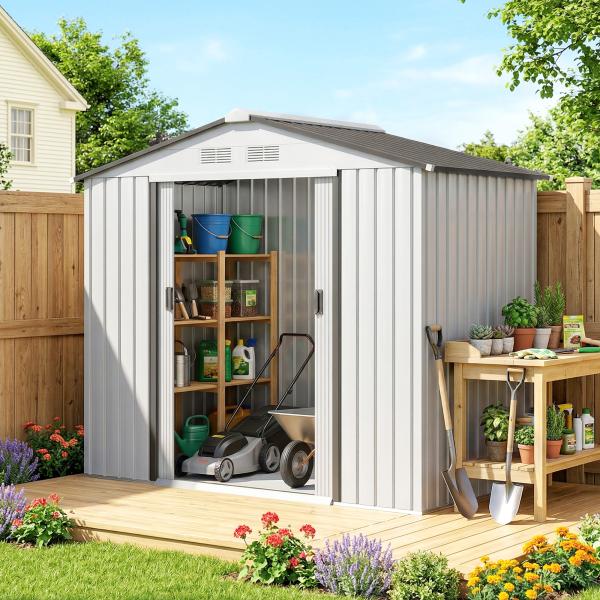 Abrigo de Jardim 213x130x185cm Abrigo de Jardim Metálico de Exterior com 2 Portas Deslizantes e 4 Janelas Branco e Cinza