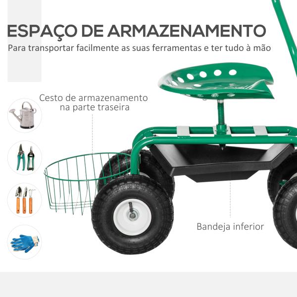 Banco de Jardim com Rodas Banco Giratório e Ajustável em Altura Bandeja para Ferramentas Cesta para Exterior Verde