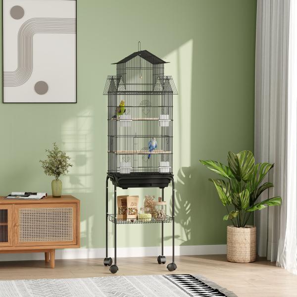 Gaiola de Metal para Pássaros com Bandeja Amovível Rodas 4 Comedouros 3 Poleiros e 1 Baloiço 50,5x41x163 cm Preto