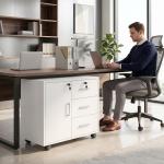 Móvel para Impressora com Rodas, Mesa com Porta e 3 Gavetas, Fechaduras, Prateleira Ajustável, Branco