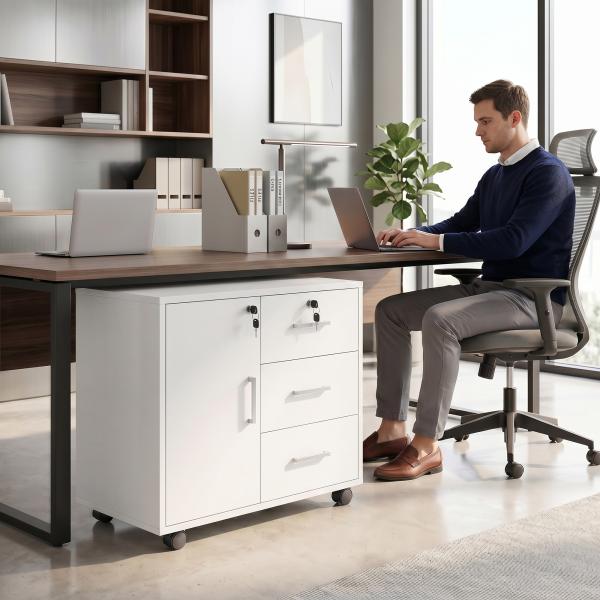 Móvel para Impressora com Rodas, Mesa com Porta e 3 Gavetas, Fechaduras, Prateleira Ajustável, Branco