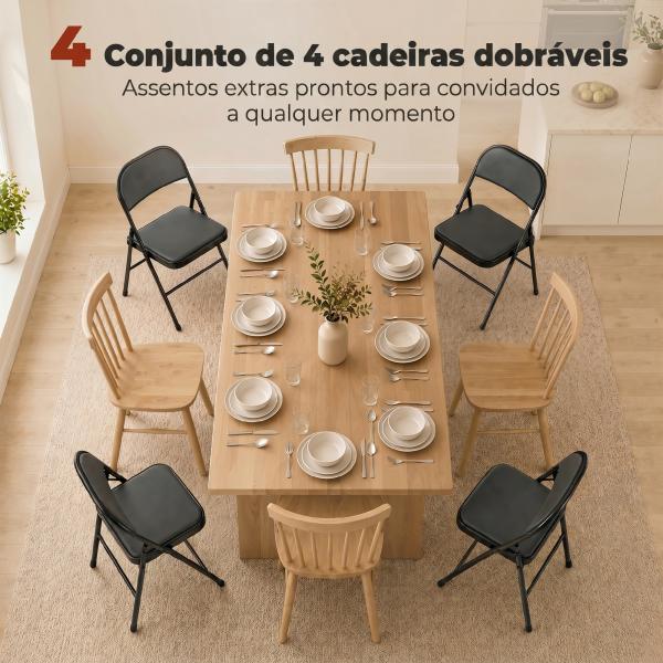Conjunto de 4 Cadeiras Dobráveis com Encosto e Estrutura de Aço para Sala de Estar escritório Estúdio 45x46x78 cm Preto