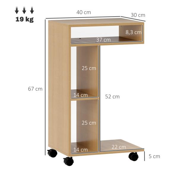 Mesa Auxiliar em Forma de C Mesa Auxiliar para Sofá com Rodas Compartimentos Abertos 40x30x69 cm Madeira