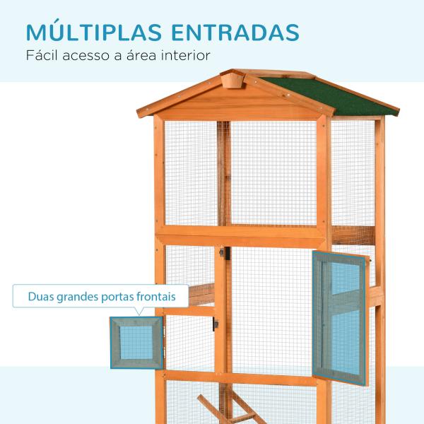 Gaiola para Pássaros Grande 68x63x165cm de Madeira de Abeto com 2 Portas Bandeja Amovível e Teto Asfáltico Madeira