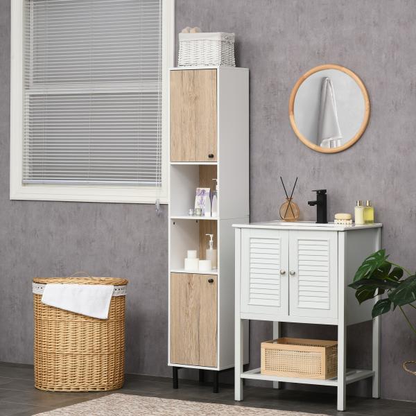 Coluna Casa de Banho Armário Alto Auxiliar de Casa de Banho com 2 Portas e 6 Prateleiras 31,5x30x169 cm Branco e Carvalho