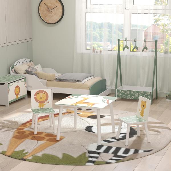 Mesa e Cadeiras para Crianças de 3 Peças Mesa Infantil com 2 Cadeiras em Madeira com Desenhos de Leões Verde