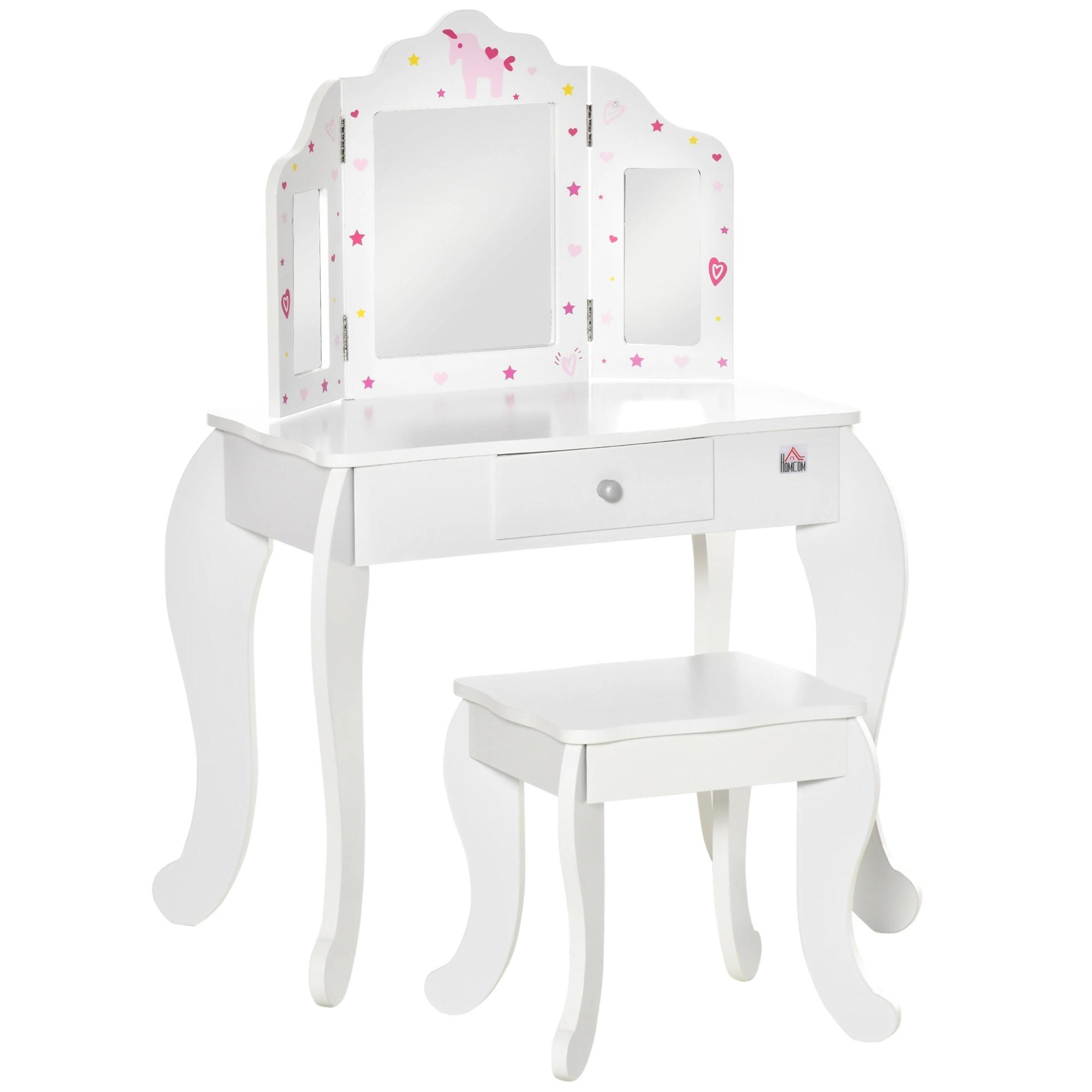 Toucador Infantil de Madeira com Banco e Espelho de Acrílico de 2 Sessões Mesa de Maquilhagem Infantil com Gaveta para Dormitório Sala de Jogos 63x40x85,5cm Branco