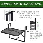 Mesa Suspensa para Varanda com Braço Regulável e Altura Ajustável em 3 Posições Estrutura de Metal 60x56,5x45 cm Preto