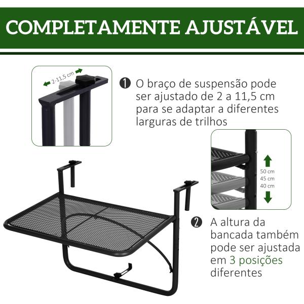 Mesa Suspensa para Varanda com Braço Regulável e Altura Ajustável em 3 Posições Estrutura de Metal 60x56,5x45 cm Preto
