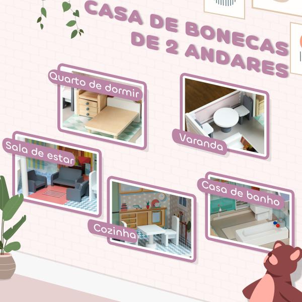 Casa de Bonecas com Móveis e Acessórios Casa de Bonecas de Madeira com Varanda e 2 Andares 60x26,6x60 cm Multicor