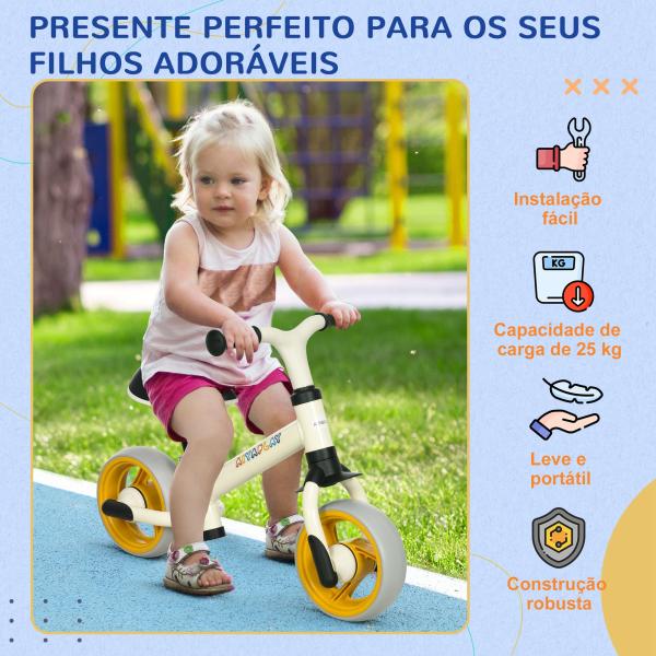Bicicleta sem Pedais para Crianças de 18 - 48 Meses Bicicleta de Equilíbrio com Assento Ajustável em Altura 66,5x34x47 cm Branco