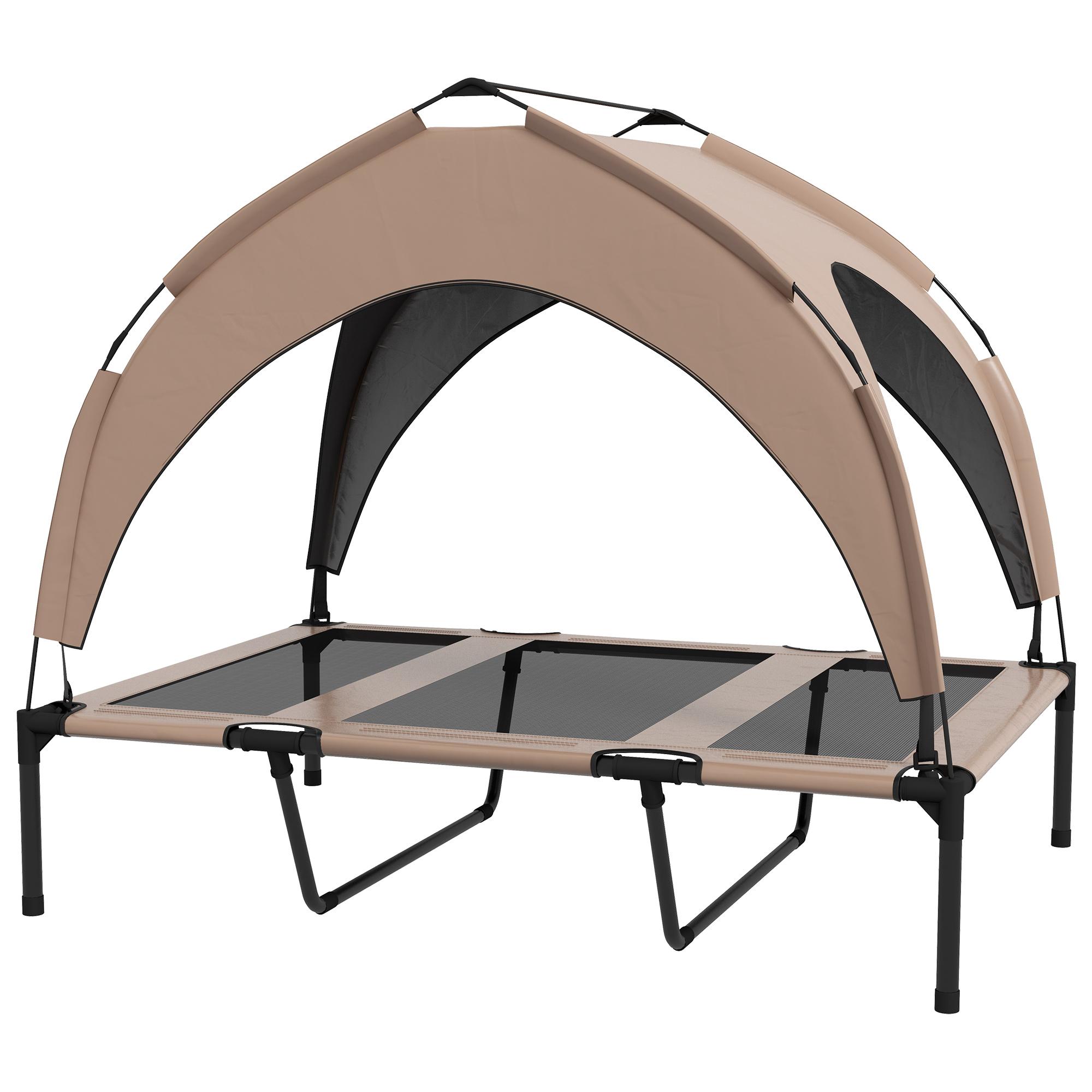 Cama para Cães Elevada com Toldo para Cães Médios com Estrutura de Aço e Bolsa de Transporte 106x76x94 cm Marrom Claro