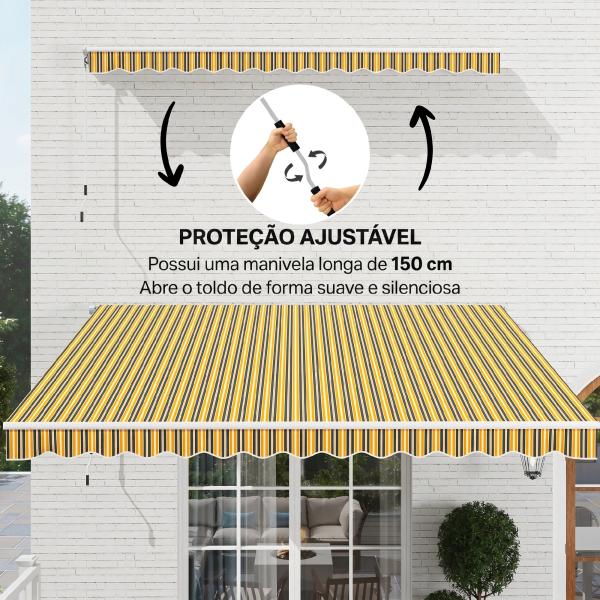 Toldo Manual Retrátil 350x250 cm com Manivela de Metal Impermeável e Anti - UV para Jardim Terraço Janelas Cinza e Amarelo