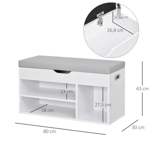 Sapateira com Assento Acolchoado Carga máxima de 120kg MDF 80x30x43cm Branco