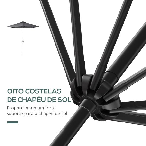 Chapéu de Sol com Luzes LED 268x205x248 cm Chapéu de Sol de Jardim Inclinável até 45° e Abertura a Manivela Cinza Escuro