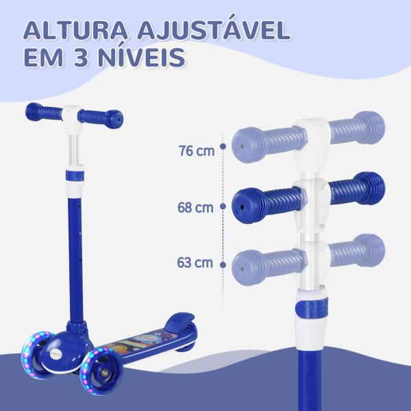 Trotinete para Crianças Trotinete com 3 Rodas LED Altura Ajustável Carga 25 kg 52x29x63 - 76 cm Azul