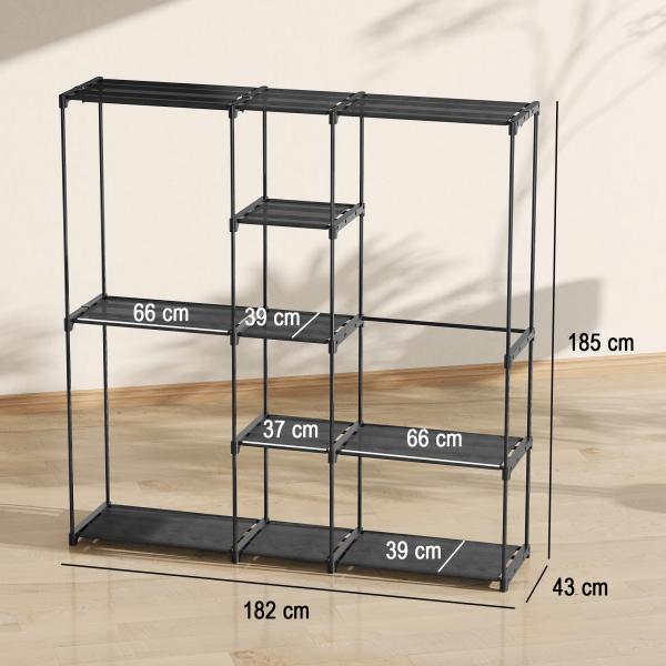 Armário para Roupas 182x43x185 cm Armário Aberto com 8 Prateleiras de Tecido Barras para Pendurar 182x43x185 cm Preto