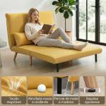 Sofá - Cama de 2 Lugares Dobrável Estofado em Linho com Encosto Ajustável em 5 Posições e 2 Almofadas Amarelo