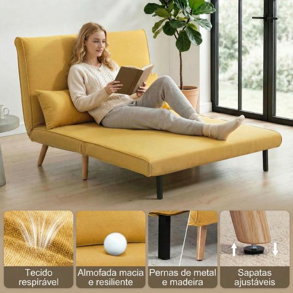 Sofá - Cama de 2 Lugares Dobrável Estofado em Linho com Encosto Ajustável em 5 Posições e 2 Almofadas Amarelo