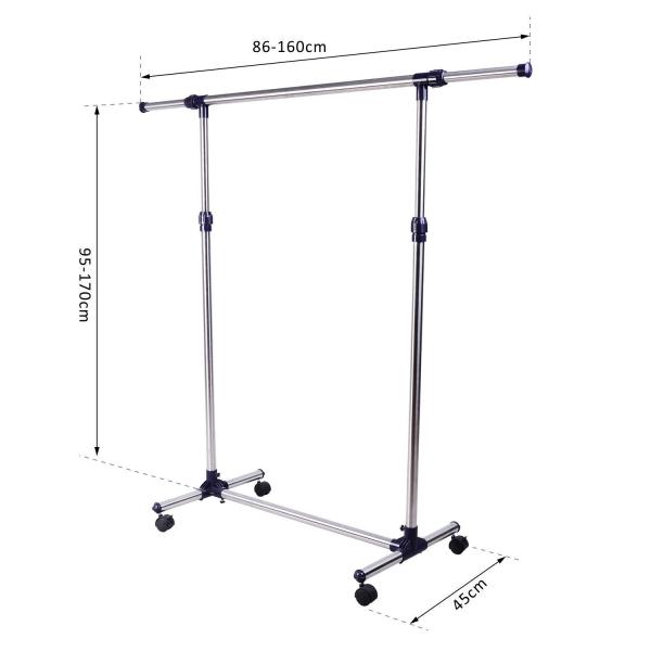 Charriot com Altura Ajustável Cabideiro com Rodas para Roupas Aço Inoxidável 86 - 160x45x95 - 170cm Prata e Preto