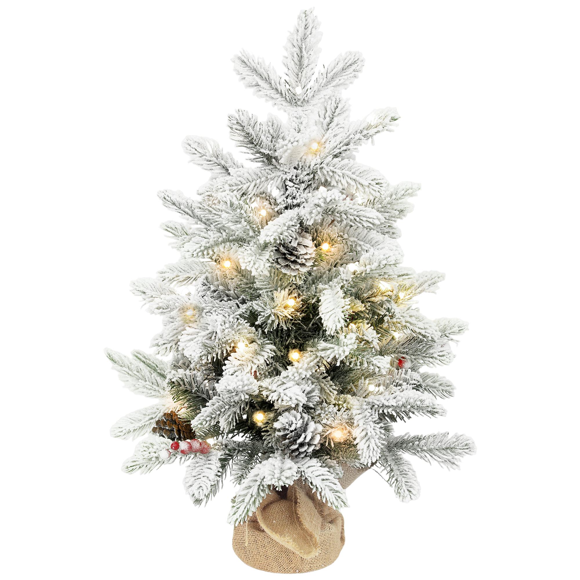 Mini Árvore de Natal Artificial com 35 Luzes LED 182 Ramos com Neve Pinhas Bagas e Base de Saco de Juta Ø48x60 cm Verde