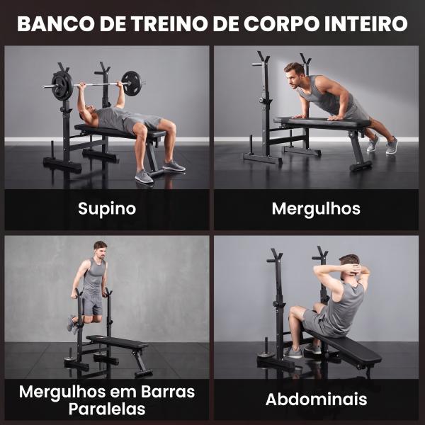 Banco de Pesos Multifuncional Dobrável com Suporte para Barras Ajustável e Estação de Dips 98 - 122x140x73 cm Preto